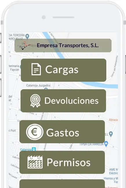 Pantalla móvil del ERP Logística TRANSCORE de Stratic con opciones de cargas, devoluciones, gastos y permisos
