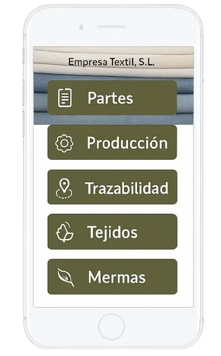Pantalla de la app móvil del ERP Textil TEXCORE con funcionalidades de partes, producción, trazabilidad, tejidos y mermas con Stratic