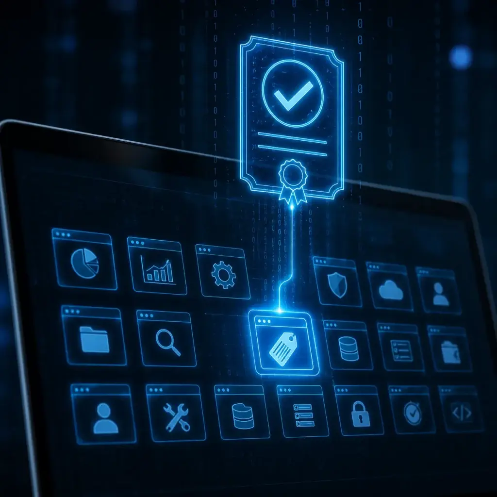 Pantalla con aplicaciones de software conectadas a una licencia digital, representando SAM software.