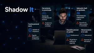 Ejemplo de Shadow IT con herramientas de IA, SaaS, nube y dispositivos no autorizados